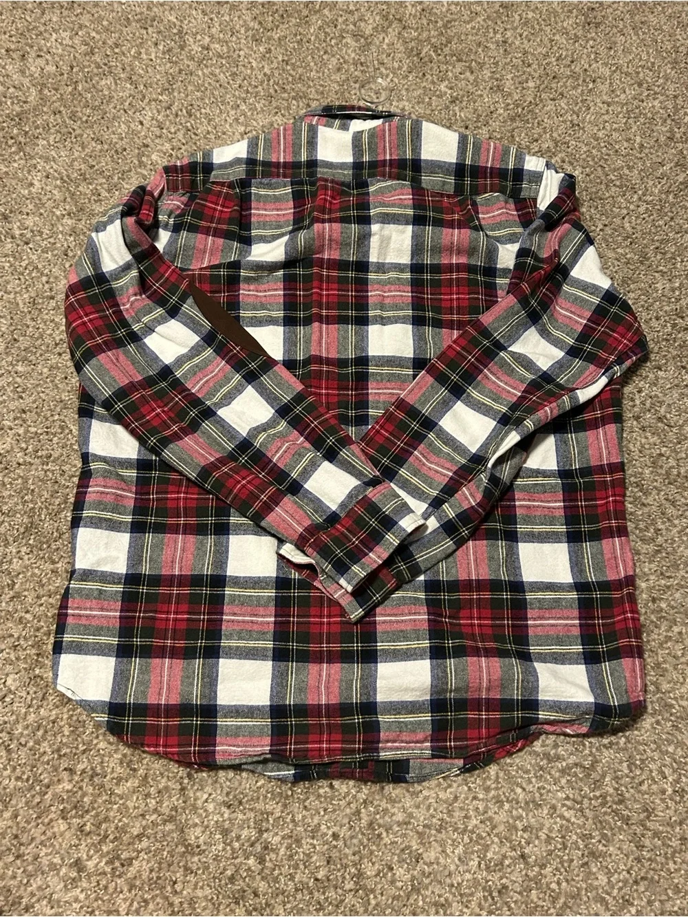 J. Crew Red, White & Navy Plaid Button-Down Shirt with Brown Elbow Patches - M